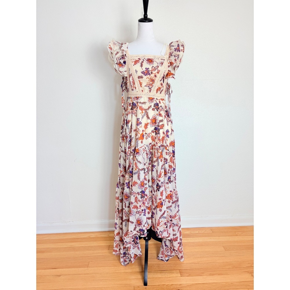 Rosevelvet Cottagecore Floral & Lace Trim Asymmetrical Maxi Dress Size Medium